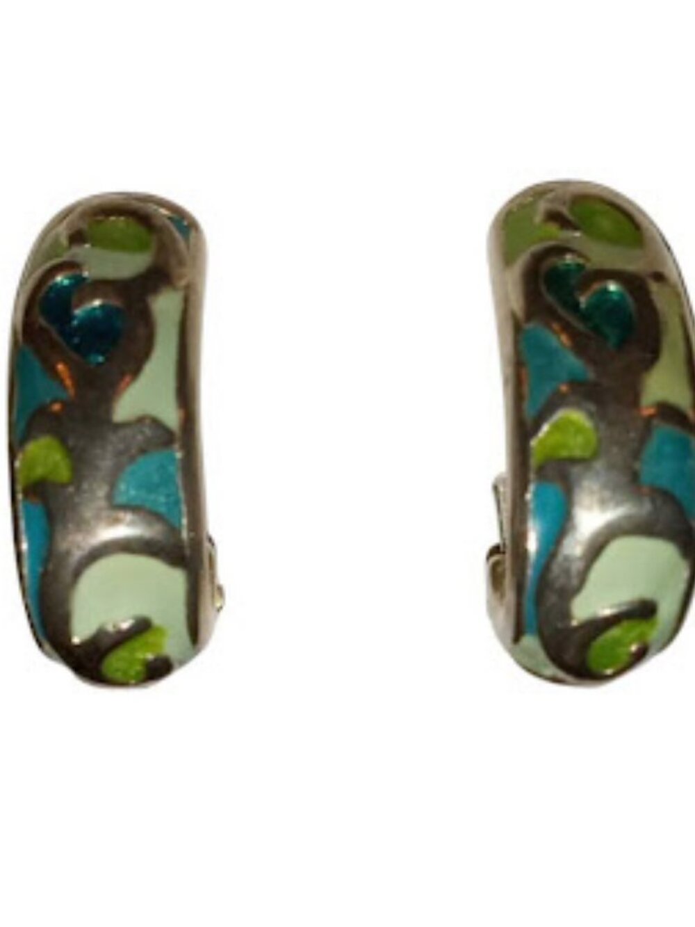 Vintage Silver‑Tone Enamel Clip‑On Earrings Blue Green